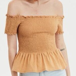 AE Camel Off-Shoulder Smocked Peplum Blouse